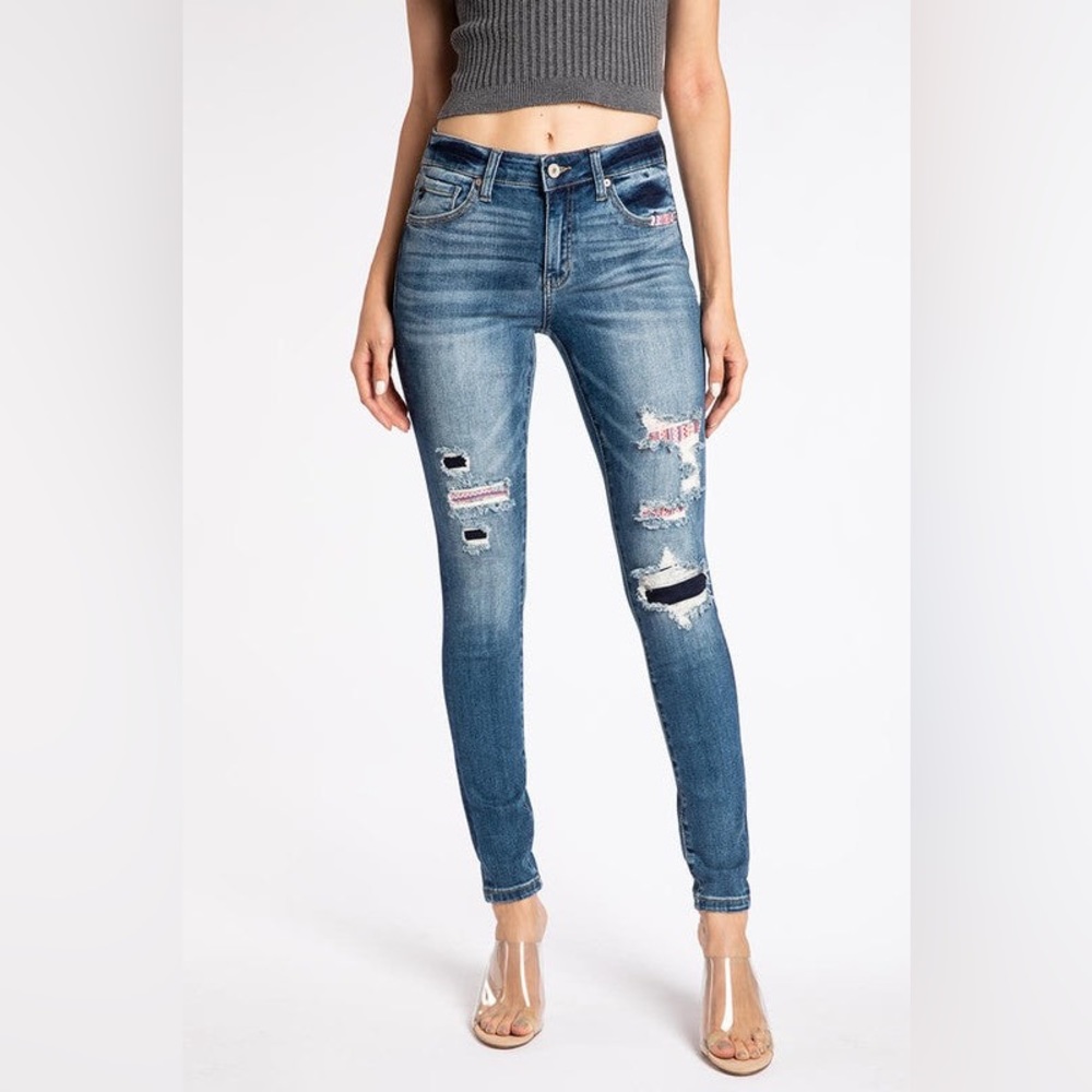 Aztec Patch Skinny Jeans by Kancan